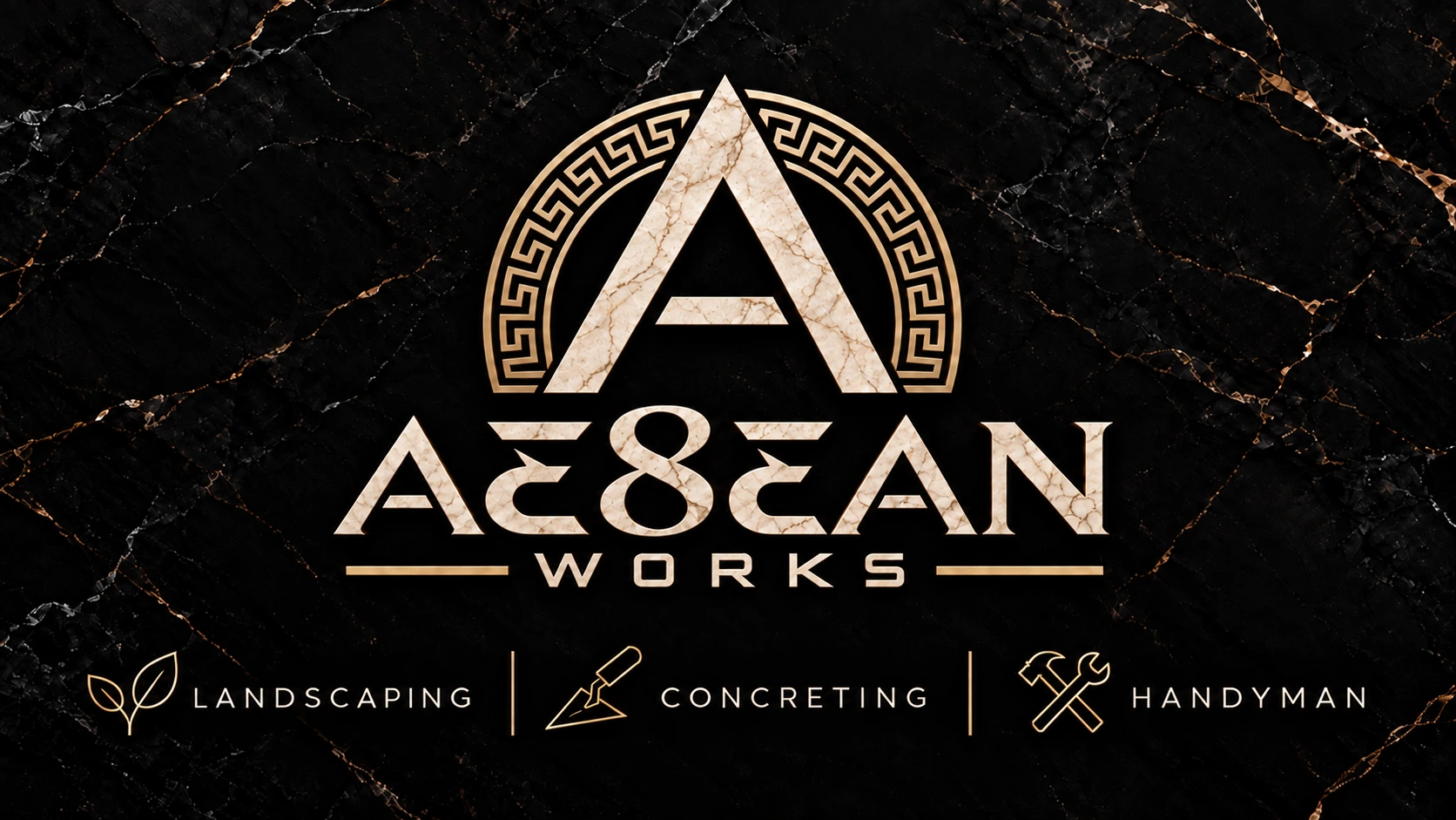 Aegean Works marble and gold emblem with landscaping, concreting and handyman icons